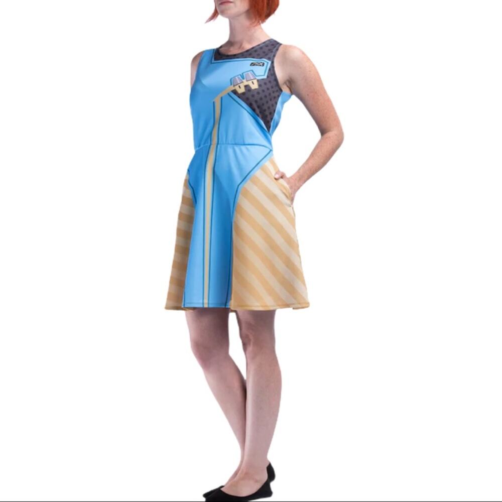 Symmetra Overwatch Character Blue Skater Dress Women's Size Large NWT